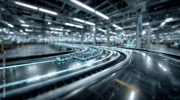 Fototapeta Conveyor Belts Curving Through Modern Warehouse With Futuristic Battery Packs