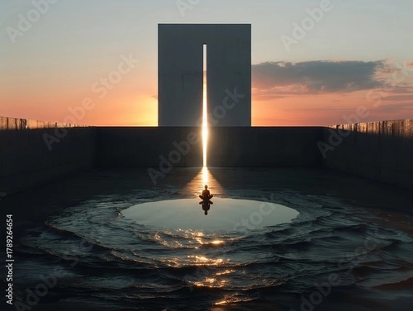 Fototapeta Meditating Person at Sunset in a Pool Under a Monumental Arch
