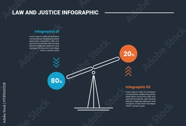 Fototapeta Law and justice infographic process diagram with simple scale with circle edge on comparison opposite with dark background bright outline style 2 points