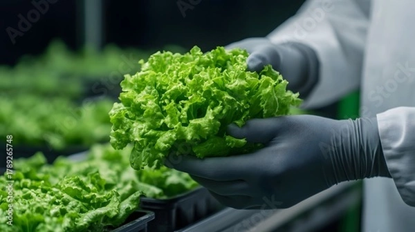 Fototapeta A person in a white lab coat and gloves holds vibrant green lettuce in a hydroponic farm
