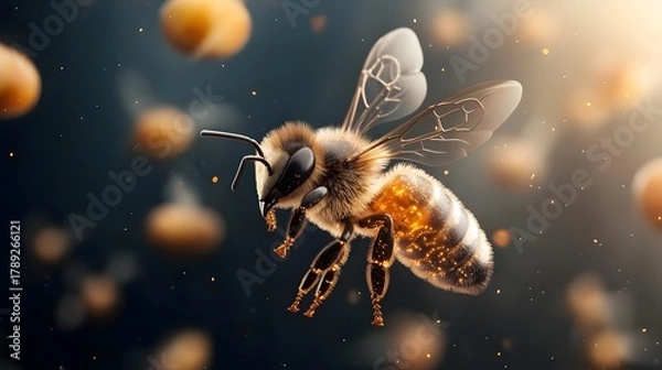 Fototapeta Furry bee with glowing golden body and translucent wings hovers Dark blurred background features sparkling golden light