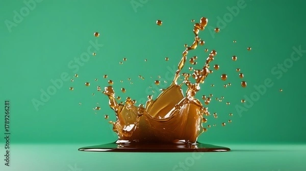 Obraz Golden brown liquid splashing upward forming a crown shape with numerous suspended droplets on a teal surface