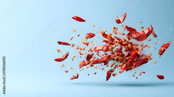 Fototapeta Vibrant red chili peppers and spicy red pepper flakes explosively scattering against a bright blue background