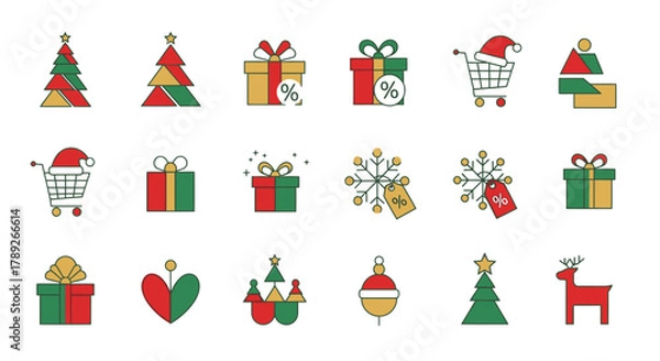 Obraz Christmas icons set with tree Santa snowman gifts and holiday decorations cartoon vector illustration