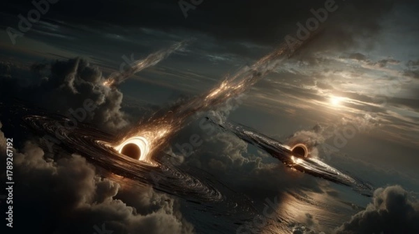 Obraz Two Black Holes Collide in Dramatic Cinematic Space Scene with Bright Accretion Disks and Sparks