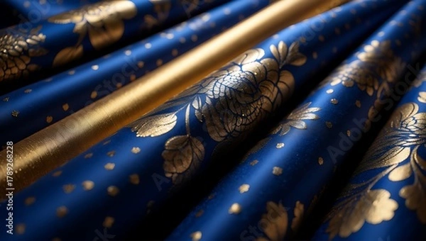 Fototapeta Royal blue fabric with luxurious golden floral pattern and rich texture