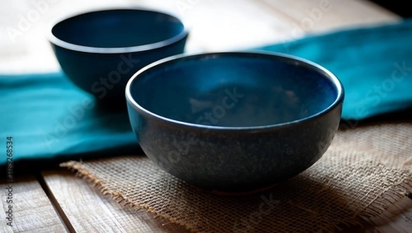 Fototapeta Rustic Ceramic Bowls in Teal and Brown tones on Wooden Table