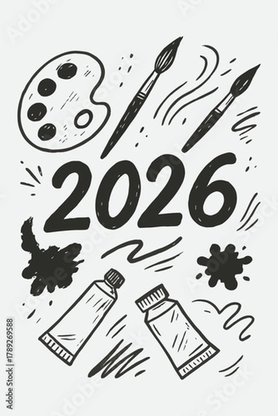 Obraz Creative Splash 2026 — Hand Drawn Paint Palette and Brushes Vector Illustration in Black and White