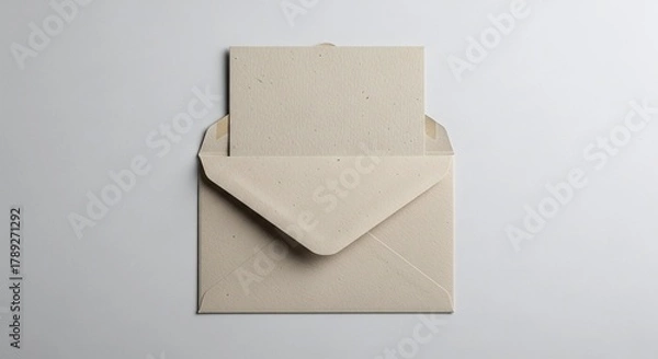 Fototapeta A beige envelope with a card sticking out of it against a plain white background in a studio shot
