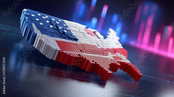 Fototapeta USA Map Data Visualization, 3D Render, American Flag