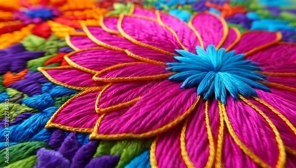 Fototapeta Vibrant Floral Embroidery Close Up with Intricate Detail and Texture