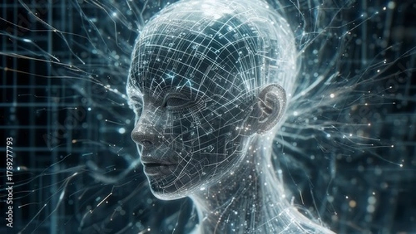 Fototapeta Futuristic glass-like eye structure glowing with orange neural light representing artificial intelligence and perception