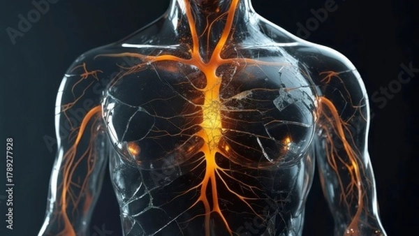 Fototapeta Transparent human chest with glowing orange neural network and cracked glass surface symbolizing inner energy