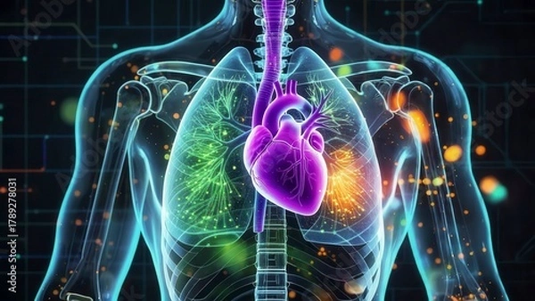 Fototapeta Transparent human torso with lungs and purple glowing heart surrounded by luminous green and orange neural light