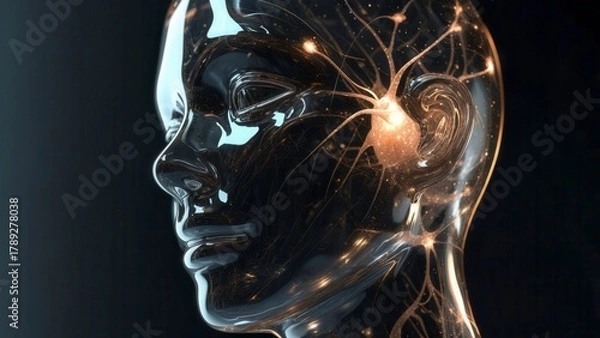 Fototapeta Transparent glass-like human head illuminated by glowing neurons and neural light representing thought and consciousness
