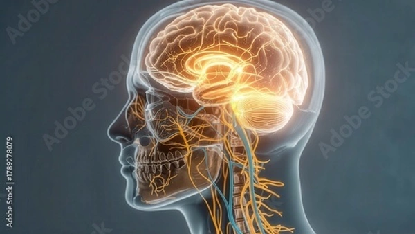 Fototapeta Transparent human head side profile showing glowing yellow brain network and illuminated nervous system structure