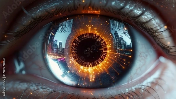 Fototapeta Close-up of human eye reflecting futuristic cityscape with glowing orange light patterns symbolizing digital perception