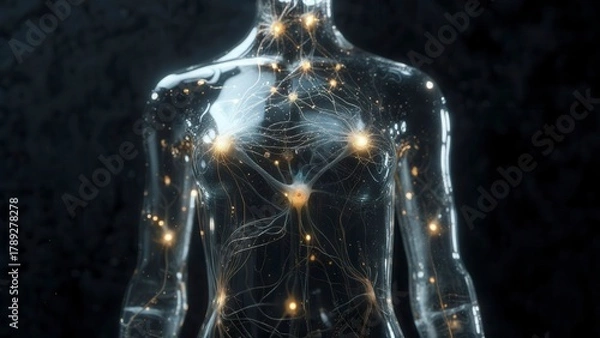 Fototapeta Golden illuminated human head with detailed neural circuits and brain connections symbolizing cognitive intelligence and energy flow