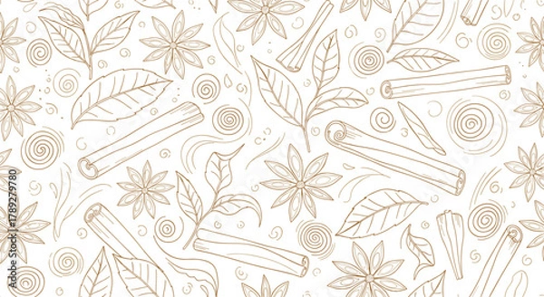 Obraz Seamless pattern of hand-drawn cinnamon sticks, star anise, and tea leaves in a warm brown outline on a white background.