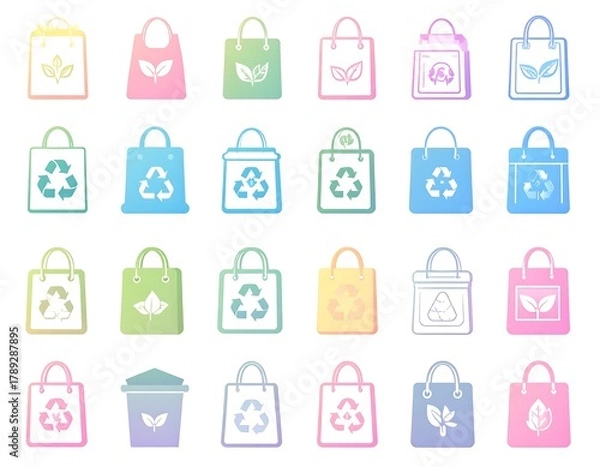 Fototapeta A collection of various tote bags featuring vibrant gradients and eco-friendly symbols. The designs showcase leaves and recycling icons