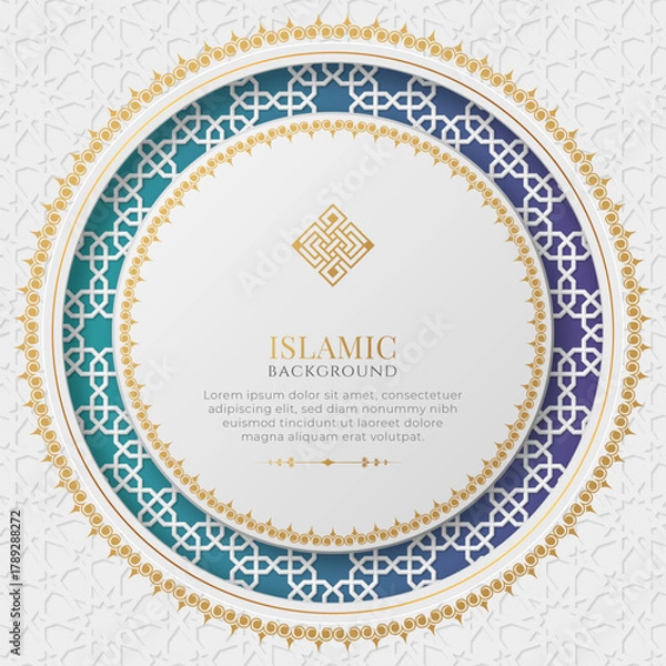 Fototapeta Elegant Islamic Geometric Frame Background - Teal Gold Ornate Circular Pattern with Arabic Motif Vector Design
