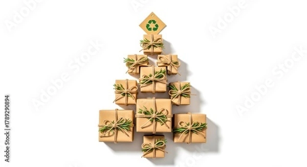 Obraz Eco-friendly Christmas gifts arranged like a tree convey sustainable holiday cheer, perfect for environmentally conscious marketing campaigns and holiday promotions