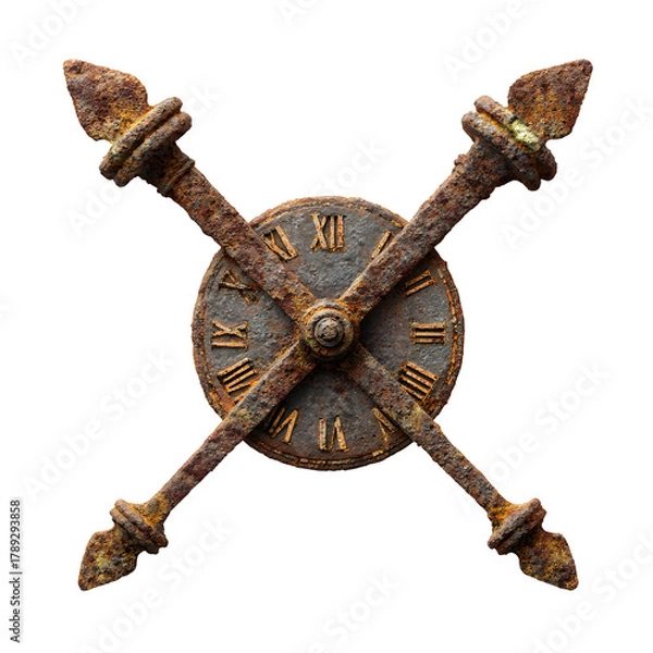 Fototapeta Antique Clock Symbol: A weathered, metallic clock face adorned with Roman numerals is intersected by rusty, cross-shaped embellishments, creating a vintage charm.
