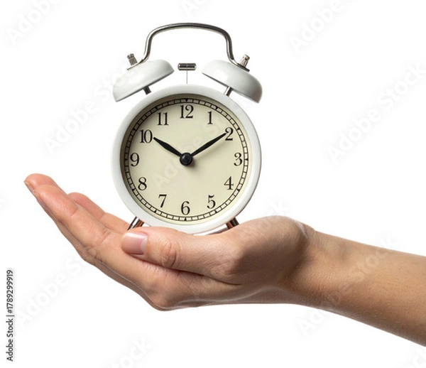 Obraz hand holding an alarm clock in white color isolated on white background