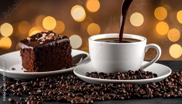 Fototapeta A cup is being filled with steaming dark liquid. A slice of dark cake rests nearby with coffee beans. Sparkling lights are in the background