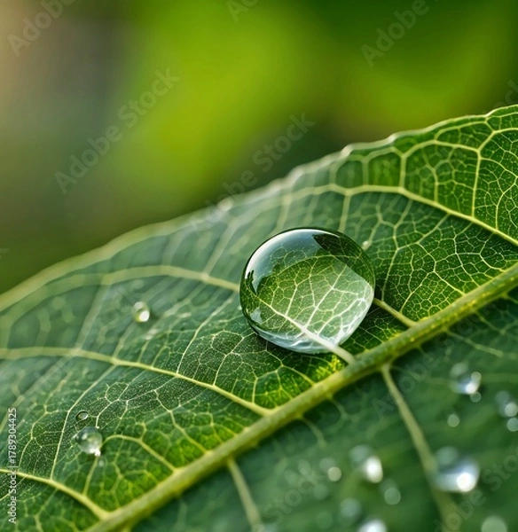 Obraz Water drop on green leaf macro