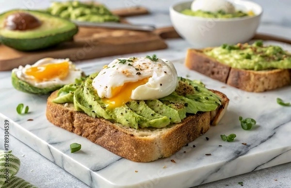 Obraz Avocado toast with poached egg breakfast