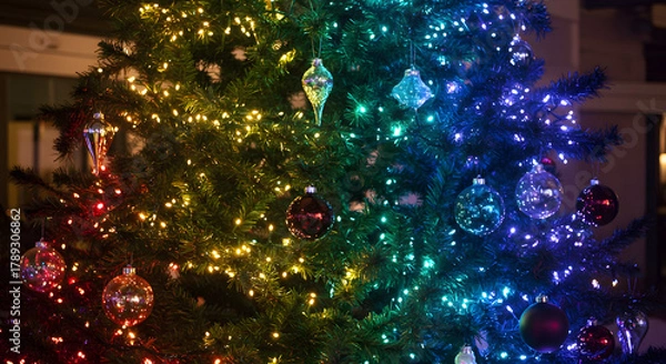 Obraz Festive Christmas tree glows with rainbow colored lights and sparkling ornaments, creating a magical and joyful holiday atmosphere perfect for seasonal celebrations