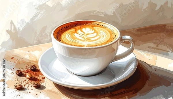 Fototapeta A cup of coffee with latte art rests on a saucer, accompanied by scattered beans, basking in sunlight