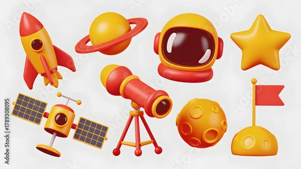 Obraz Space exploration set including rocket planet helmet star satellite telescope moon and flag on surface