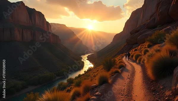 Fototapeta A scenic view of a river winding through a canyon at sunset, with a path and distant figures.