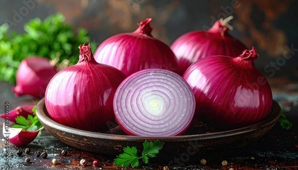 Fototapeta Arrangement of Red Onions on Rustic Plate with Greens in Dark Setting