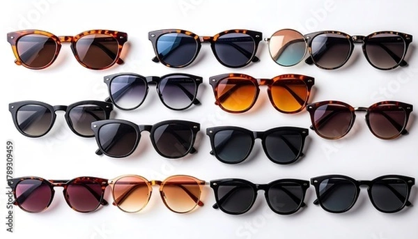 Fototapeta Arrangement of Stylish Tortoiseshell Sunglasses in Rows on Bright White Background with Neutral Tones and Minimal Shadows For Fashion Accessories