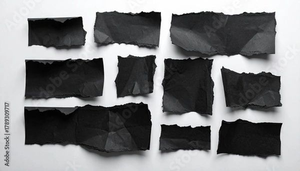 Fototapeta Arrangement of Torn Black Paper Pieces on a White Background in Flat Lay Top View Composition Featuring Rough Edges and Subtle Shadows with Minimalist Clean