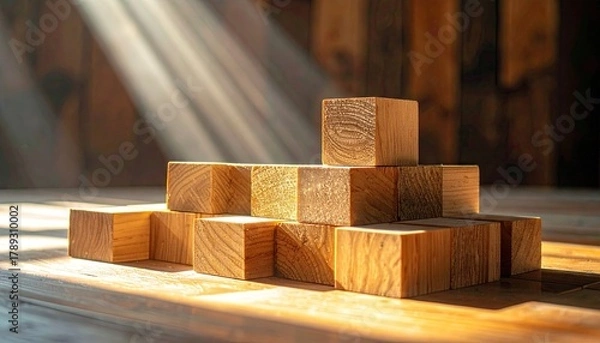 Fototapeta Arrangement of Wooden Cubes Illuminated by Sunlight on Tabletop with Wood Backdrop