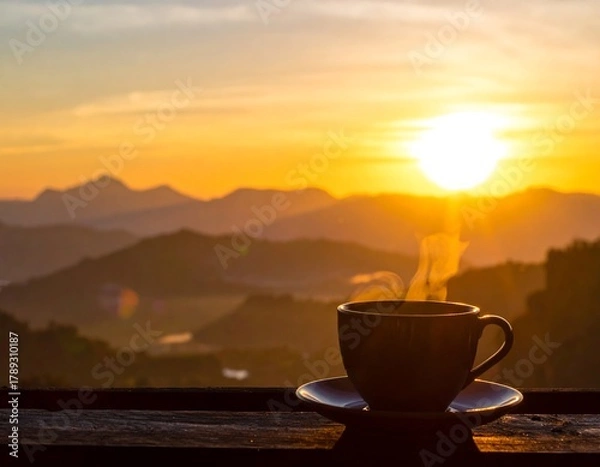 Fototapeta A cup of steaming beverage sits on a wooden surface overlooking a mountain range at sunrise. The sun is peeking over the peaks