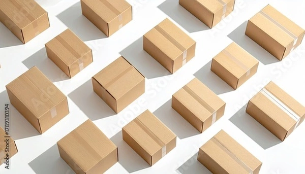 Fototapeta Array of Brown Cardboard Boxes on White Background with Harsh Shadows