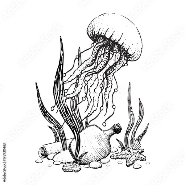 Fototapeta A graphic ink illustration underwater seaweed, jellyfish and scroll with a pirate bottle. Isolated drawing in a childish style is hand drawn. For coloring books and wrapping paper in a nautical theme.