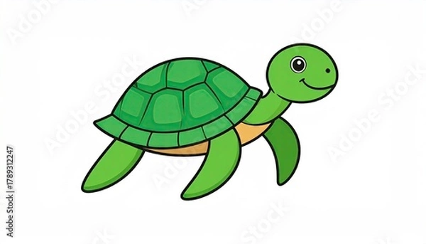Fototapeta Animated Green Turtle with Shiny Shell Isolated on White Background Graphic Element