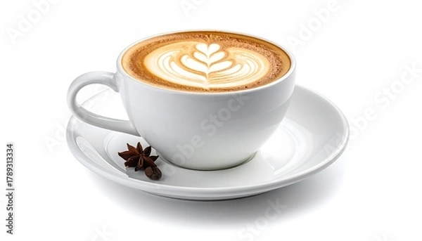 Fototapeta A cup of warm coffee featuring intricate latte art atop a creamy foam, sitting on a saucer, accompanied by anise stars