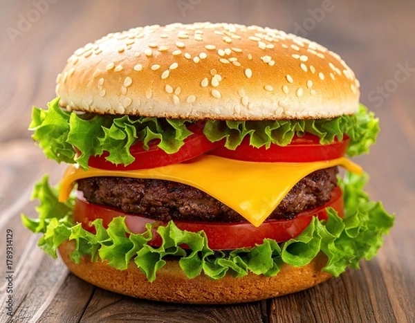 Fototapeta Appetizing Beef Burger with Cheese and Fresh Vegetables on Rustic Wooden Table High Angle Shot