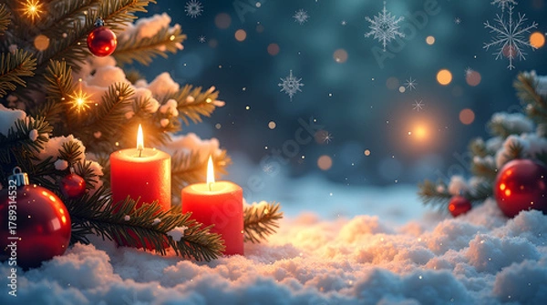 Obraz Christmas background image with glowing red candles, pine decorations, ornaments, and snow creating warm, festive ambiance.
