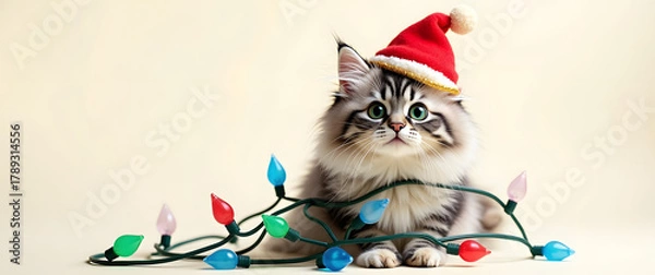 Obraz Christmas background image featuring a cute kitten wearing a Santa hat surrounded by glowing colorful holiday lights.
