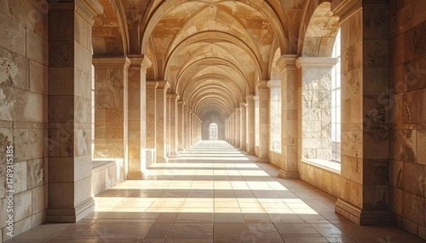 Fototapeta Arched Stone Hallway with Sunlight Casting Shadows and Ornate Pillars in Warm Beige Tones
