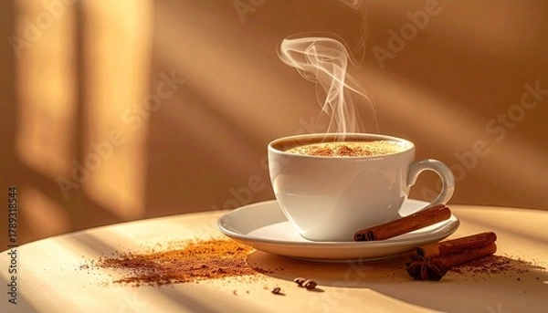 Fototapeta Aromatic Hot Coffee Cup with Steaming Vapor and Cinnamon Stick on Wooden Table in Warm Sunlight with Soft Focus Background