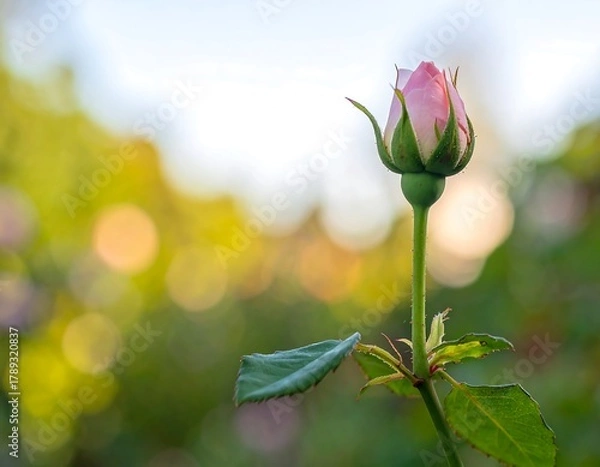 Obraz A delicate pink rosebud, still closed, is shown in sharp focus against a soft, out-of-focus bokeh background of green and yellow light